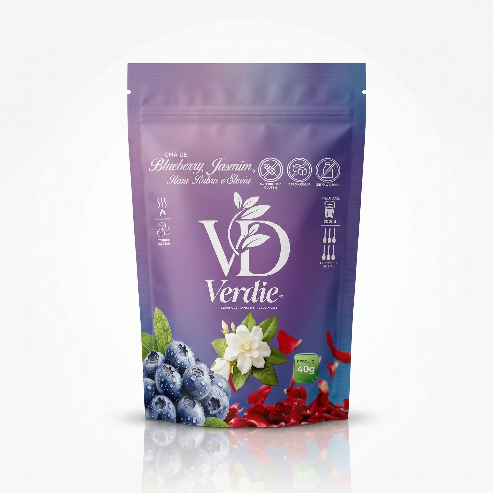 Chá de blueberry, jasmim, rosa rubra e stevia.